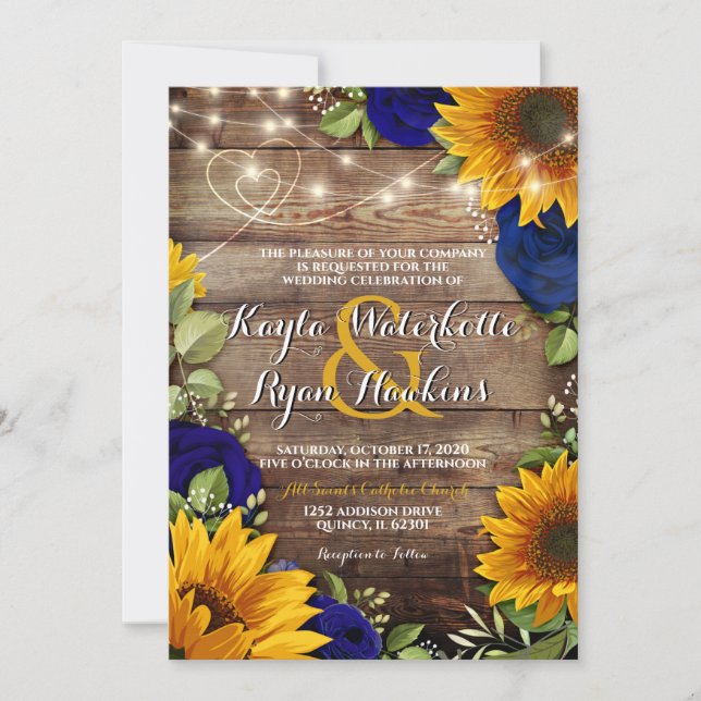 Sunflower & Navy Roses Rustic Wood Lights Invite (Front)