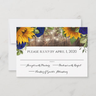 Sunflower & Navy Roses Rustic Wood Lights RSVP Card