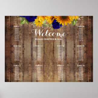 Sunflower & Navy Roses Wedding Seating Chart
