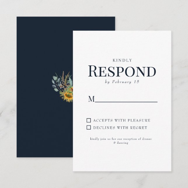 Sunflower Navy Wedding RSVP Card (Front/Back)