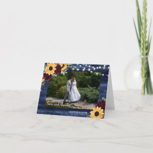 Sunflower Navy Wood String Lights Wedding Photo Thank You Card