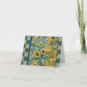 Sunflower Notecards, gold and teal patchwork Thank You Card