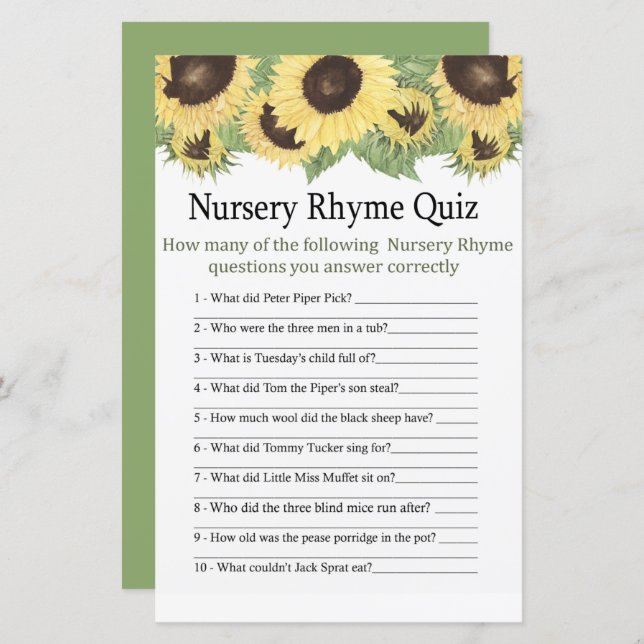 Sunflower Nursery Rhyme Quiz baby shower game (Front/Back)