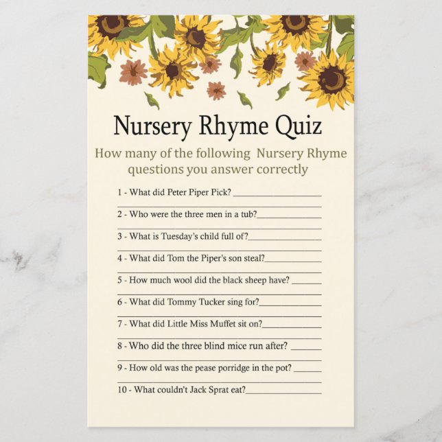 Sunflower Nursery Rhyme Quiz baby shower game (Front)