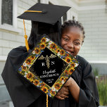 Sunflower Nursing Graduation Cap Topper<br><div class="desc">Nursing graduation cap topper featuring a trendy black background,  watercolor sunflowers,  the medical symbol caduceus,  the students name,  and class year.</div>