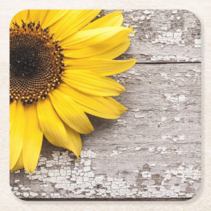 Sunflower on a Wooden Table Square Paper Coaster