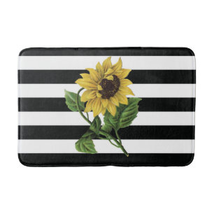 Sunflower on Black and White Stripes Bath Mat