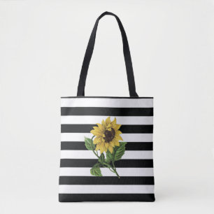 Sunflower on Black and White Stripes Tote Bag