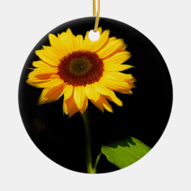 Sunflower on Black Background Ceramic Ornament (Front)