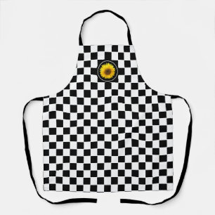Sunflower on Black White Chequerboard Pattern Apron