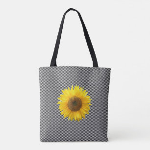 Sunflower on black & white chess pattern tote bag
