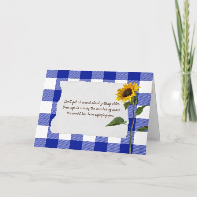 sunflower on blue and white plaid birthday card (Front)