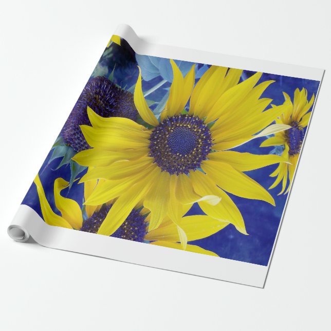 Sunflower on Blue Design Wrapping Paper (Unrolled)