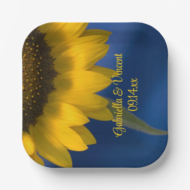 Sunflower on Blue Wedding Paper Plate (Front)