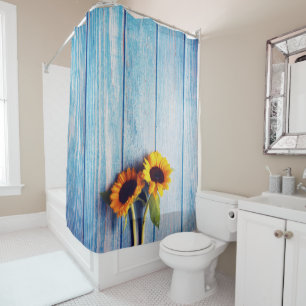 Sunflower on Blue Wood Wall