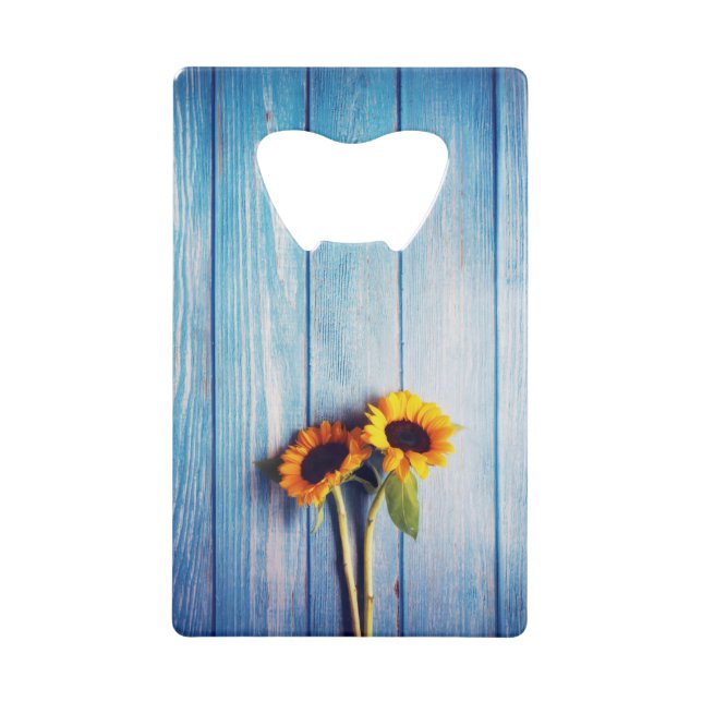 Sunflower on Blue Wood Wall Credit Card Bottle Opener (Front)