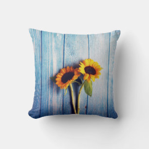 Sunflower on Blue Wood Wall Throw Pillow