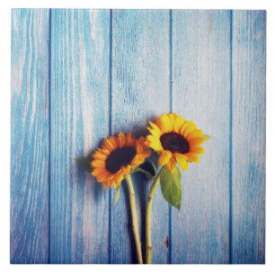 Sunflower on Blue Wood Wall Tile