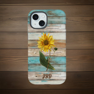 Sunflower on Faux Green Weathered Wood Initials iPhone 15 Case