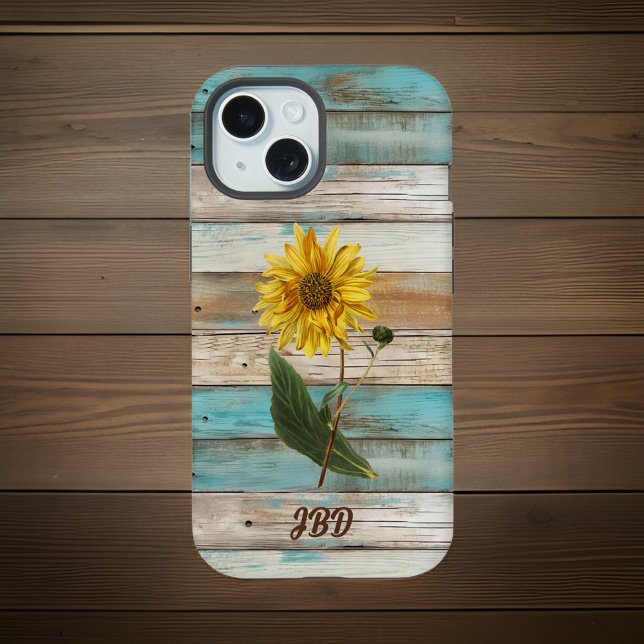 Sunflower on Faux Green Weathered Wood Initials iPhone 15 Case (Creator Uploaded)