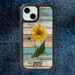 Sunflower on Faux Green Weathered Wood Monogram iPhone 15 Case