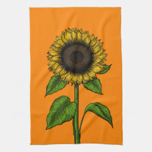 Sunflower on orange kitchen towel