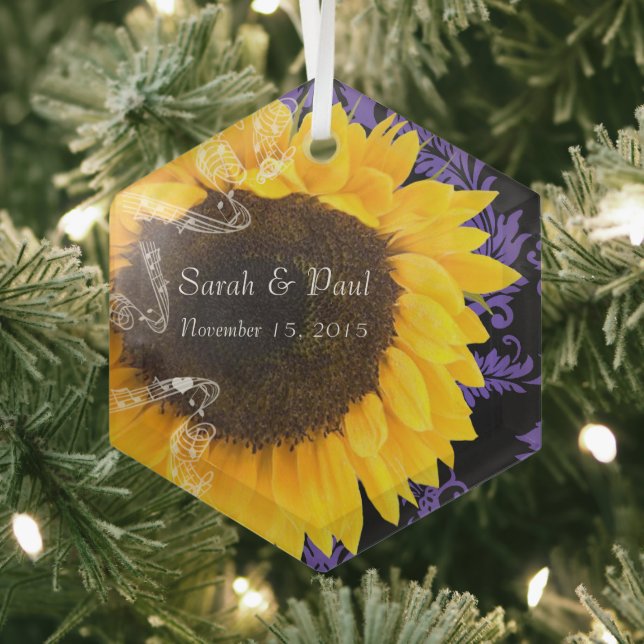 Sunflower on Purple Damask Wedding Christmas Glass Ornament (Insitu)