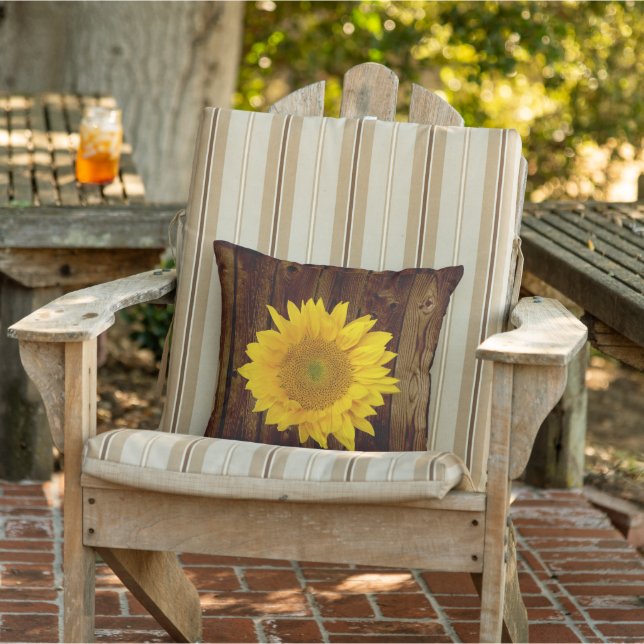 Sunflower on Vintage Barn Wood Country Throw Pillow (Chair)