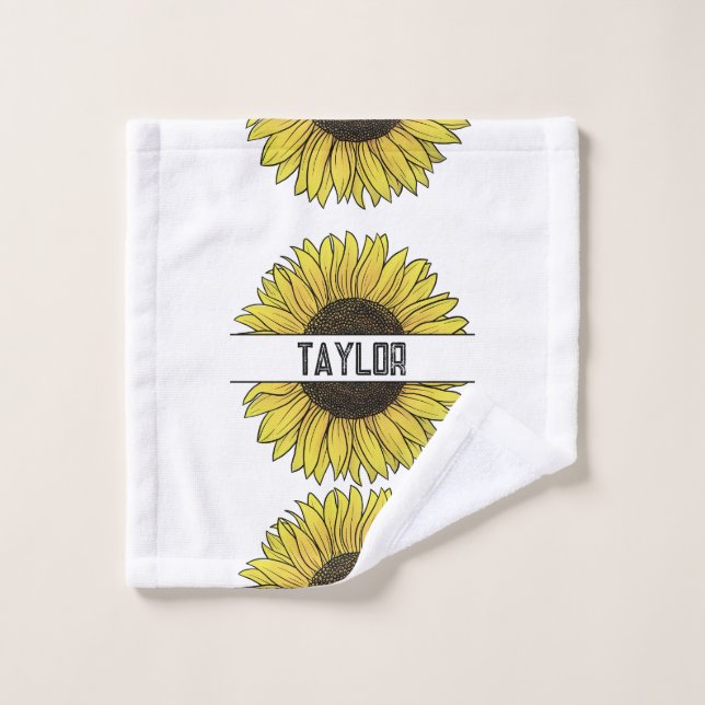 Sunflower on white Monogram Name Wash Cloth (Wash Cloth)