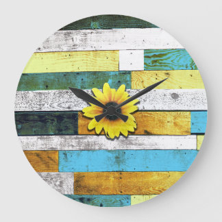 Sunflower on Wooden Boards Large Clock