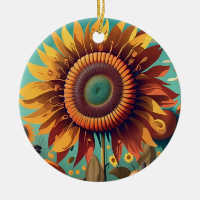 Sunflower Ornament, Fall Retro Sunflower Ornament, Ceramic Ornament (Front)
