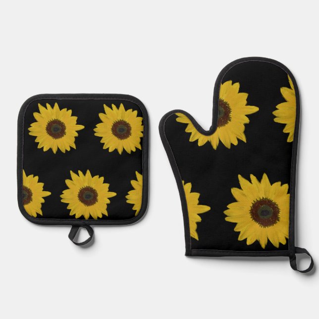 Sunflower Oven Mitt & Potholder Set Black & Yellow (Front)