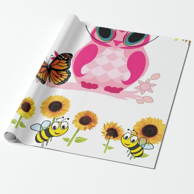 Sunflower Owl Bumblebee Matte Wrapping Paper (Unrolled)