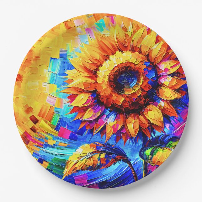 Sunflower Painting Vivid Colours Sunflower Power  Paper Plate (Front)