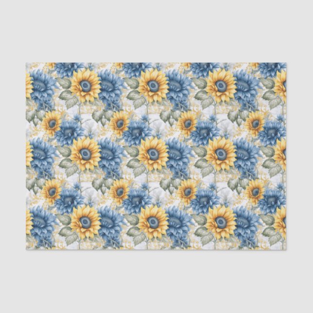 Sunflower Pattern Blue and Yellow Decoupage Tissue Paper (Front)