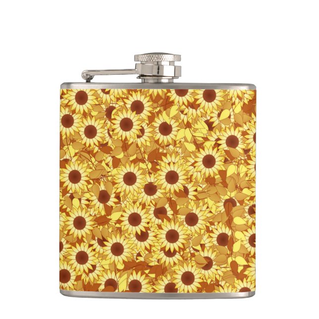 Sunflower pattern - gold, yellow and brown hip flask (Front)