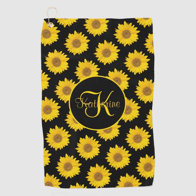Sunflower Pattern Monogram Yellow and Black Golf Towel (Front)