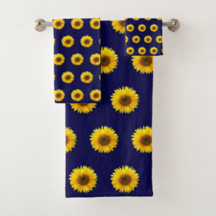 Sunflower Pattern on Navy Blue Bath Towel Set