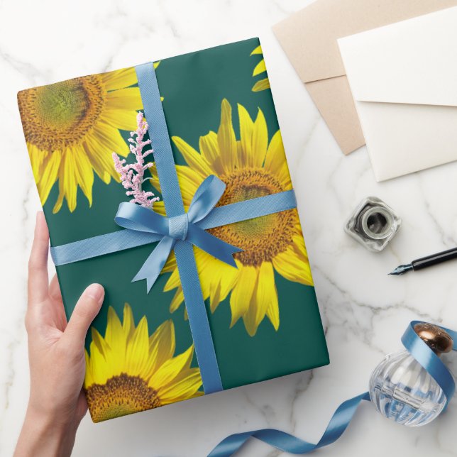 Sunflower Pattern Teal Gift Wrap Roll (Gifting)