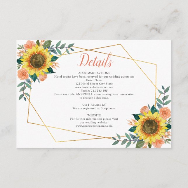 Sunflower Peach Floral Geometric Wedding Details Enclosure Card (Front)