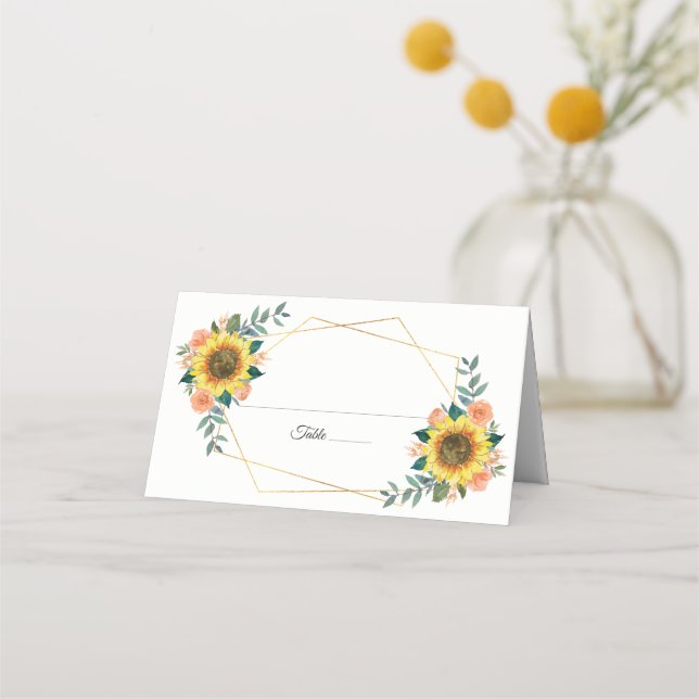 Sunflower Peach Floral Geometric Wedding Place Card (Front)