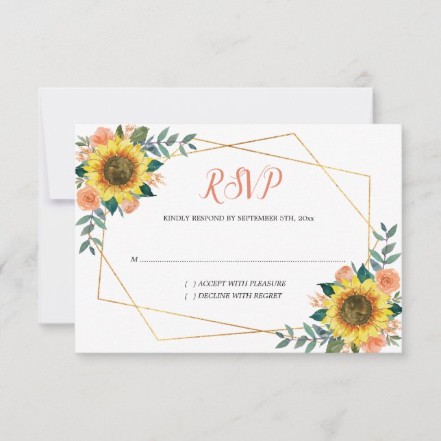 Sunflower Peach Floral Geometric Wedding RSVP Card (Front)