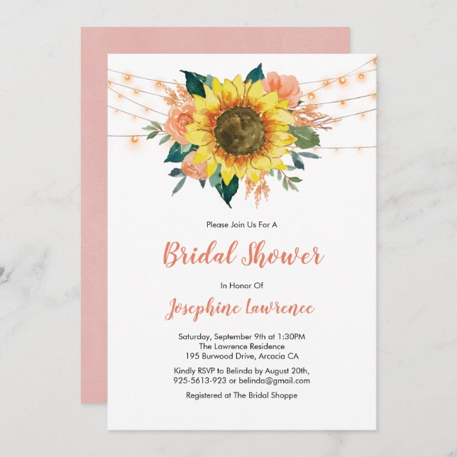 Sunflower Peach Rose Lights Bridal Shower Invitation (Front/Back)