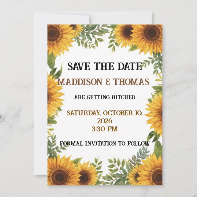 Sunflower Personalised Wedding Save The Date Card (Front)