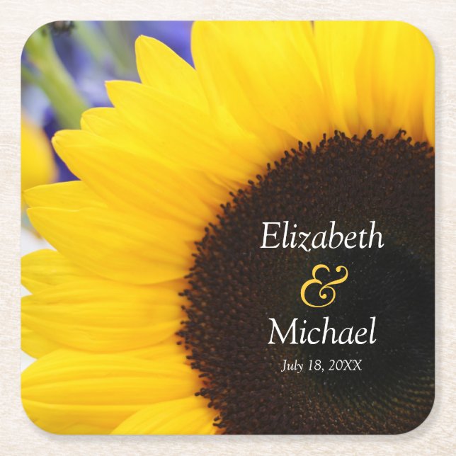 Sunflower Personalized Wedding Square Paper Coaster (Front)