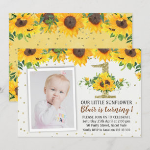 Sunflower Photo First Birthday Invitation Girl