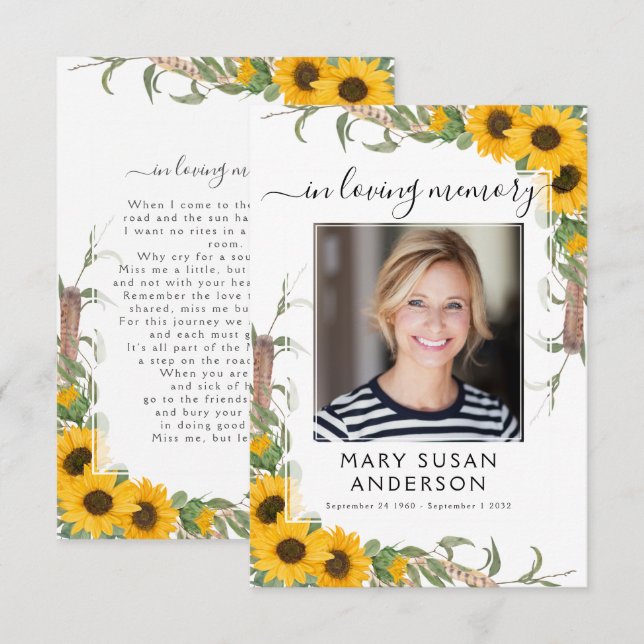 Sunflower Photo Funeral Memorial Poem Card (Front/Back)