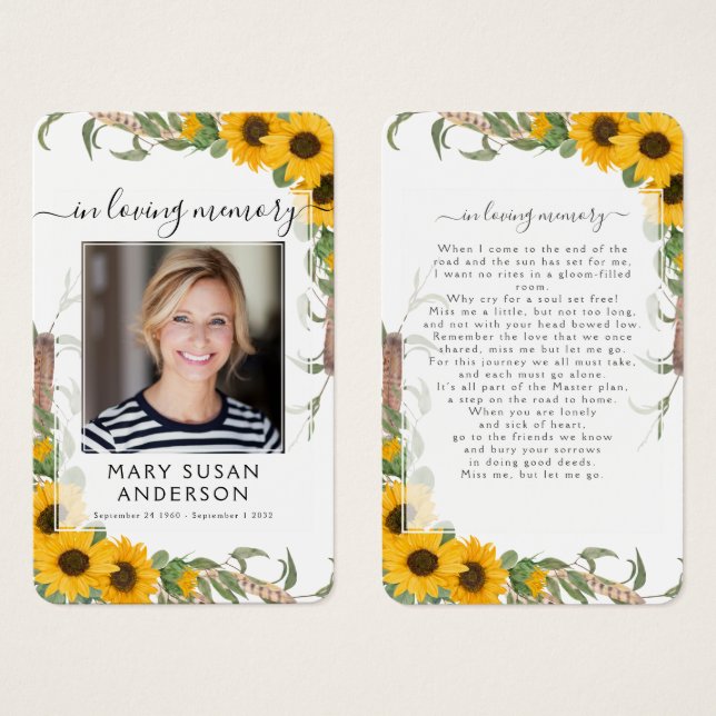 Sunflower Photo Funeral Memorial Poem Card (Front & Back)