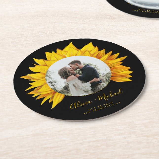 Sunflower photo rustic wedding save the date round paper coaster (Angled)