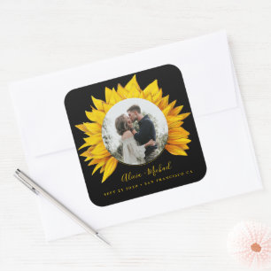 Sunflower photo rustic wedding save the date square sticker